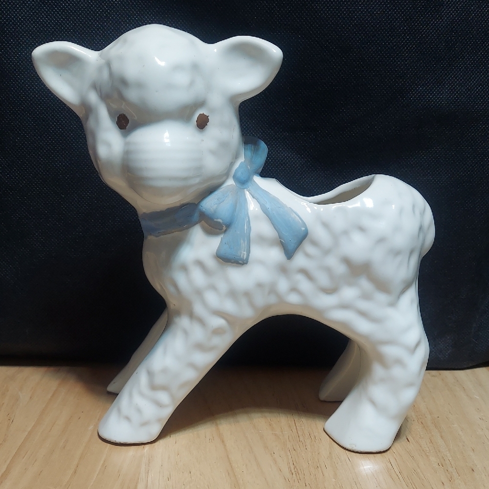 Vintage MCM 1950s Ceramic Lamb Sheep Planter Blue Bow Nursery Decor